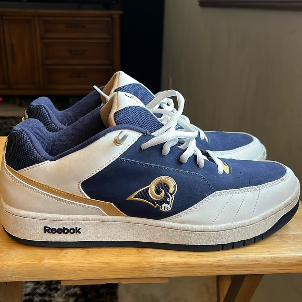 Reebok NFL shoes size 14, navy tan and white in color